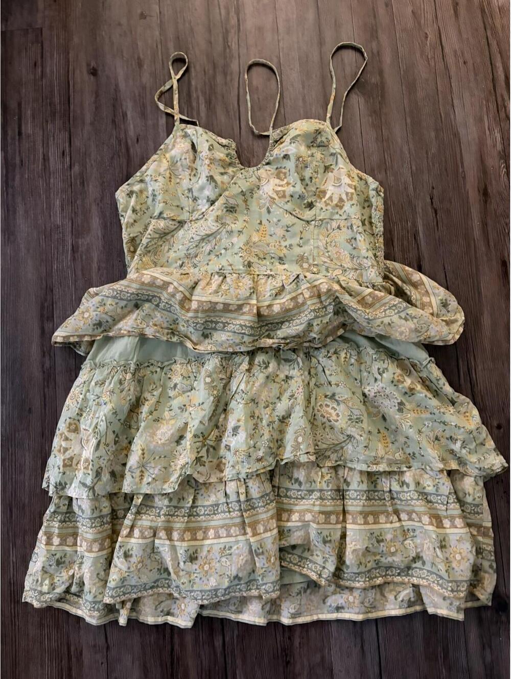 American Eagle Floral Green Tiered Boho Babydoll Dress Sz L